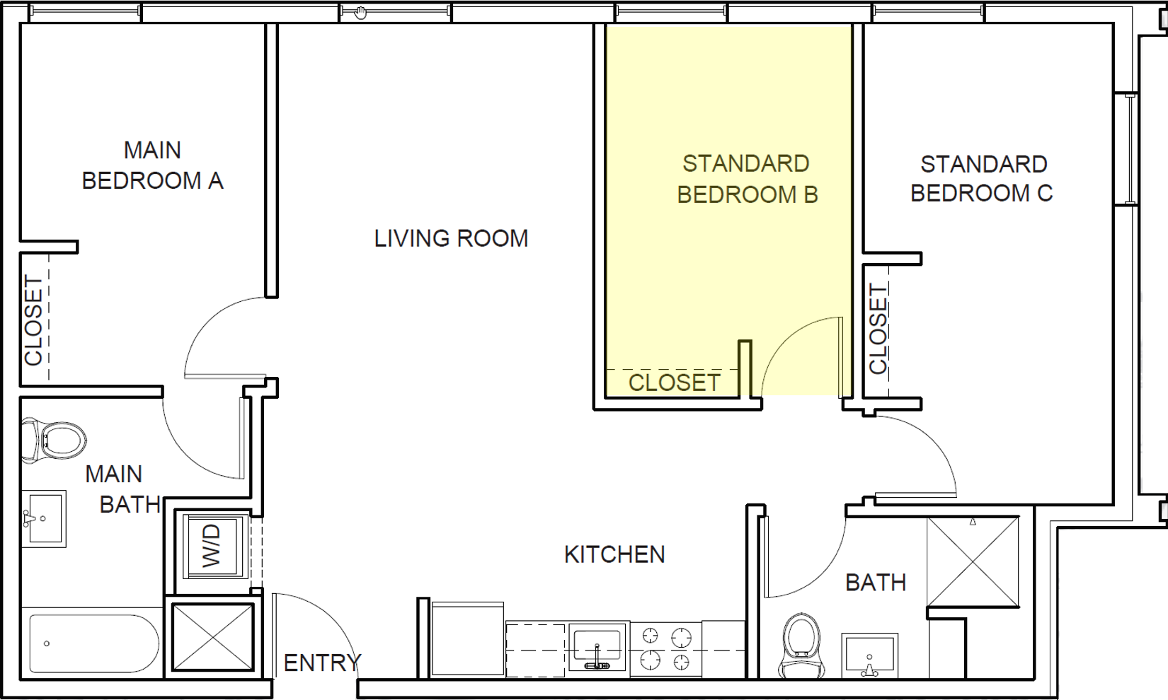 Floor plan for 3 beds, 2 baths, 286 sqft